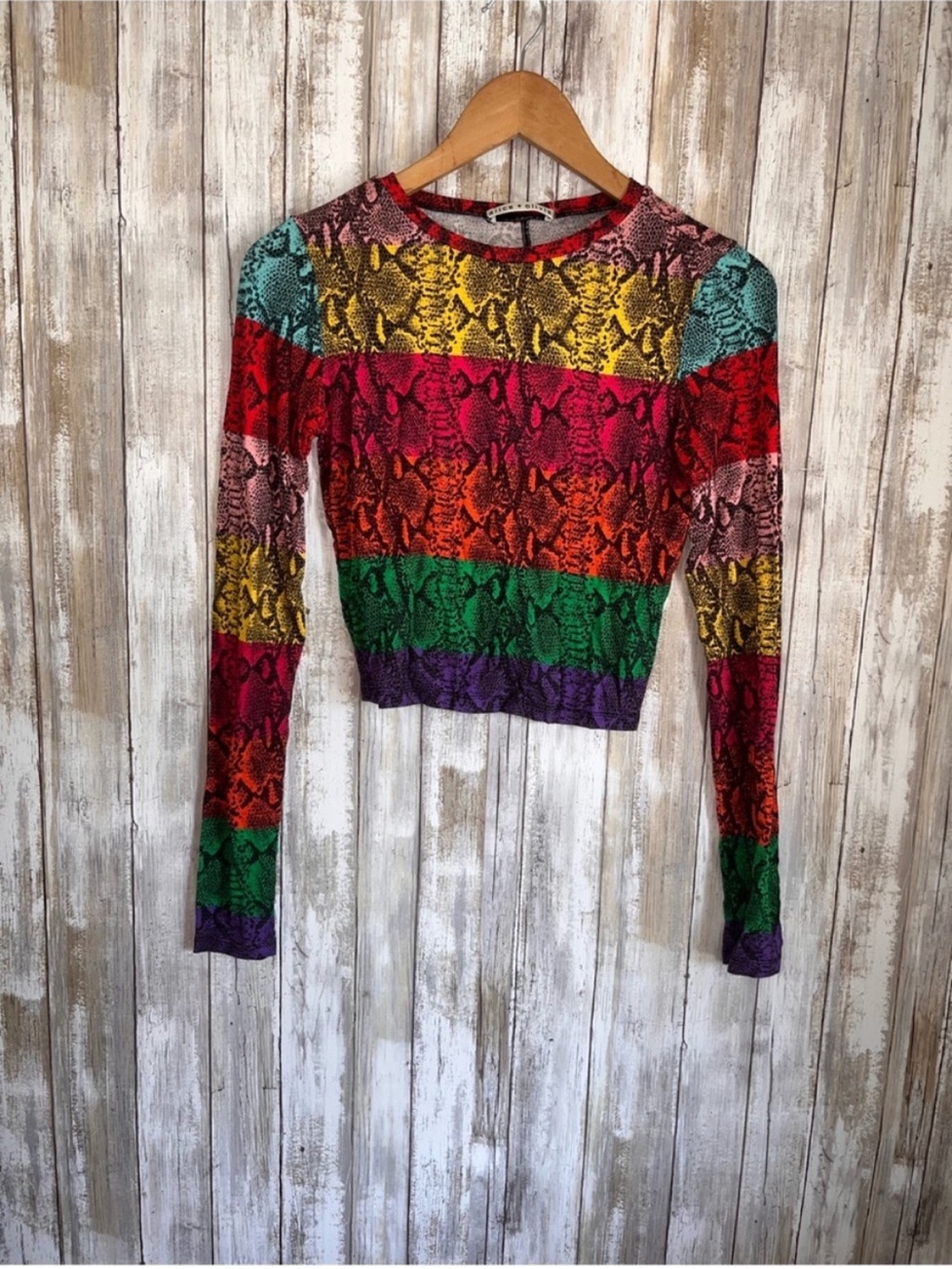 Alice + Olivia Delaina Rainbow Snake Print Cropped Mesh Top XS - Picture 2 of 6